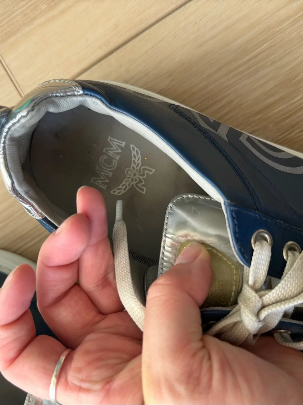 MCM Men's Navy and Cream Leather Low-Top Sneakers